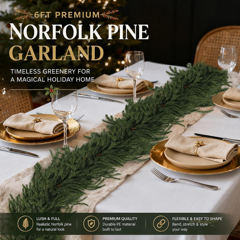 6FT Real Touch Norfolk Pine Christmas Garland, Flexible Mantel Decor