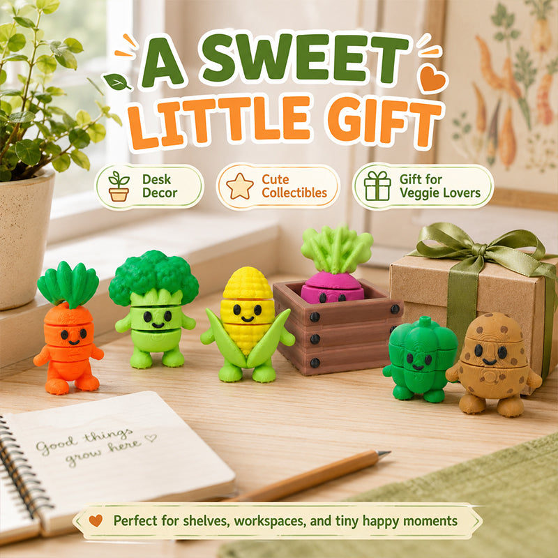 6PCS 3D Printed Mini Vegetable Figurines, Cute Veggie Character Set