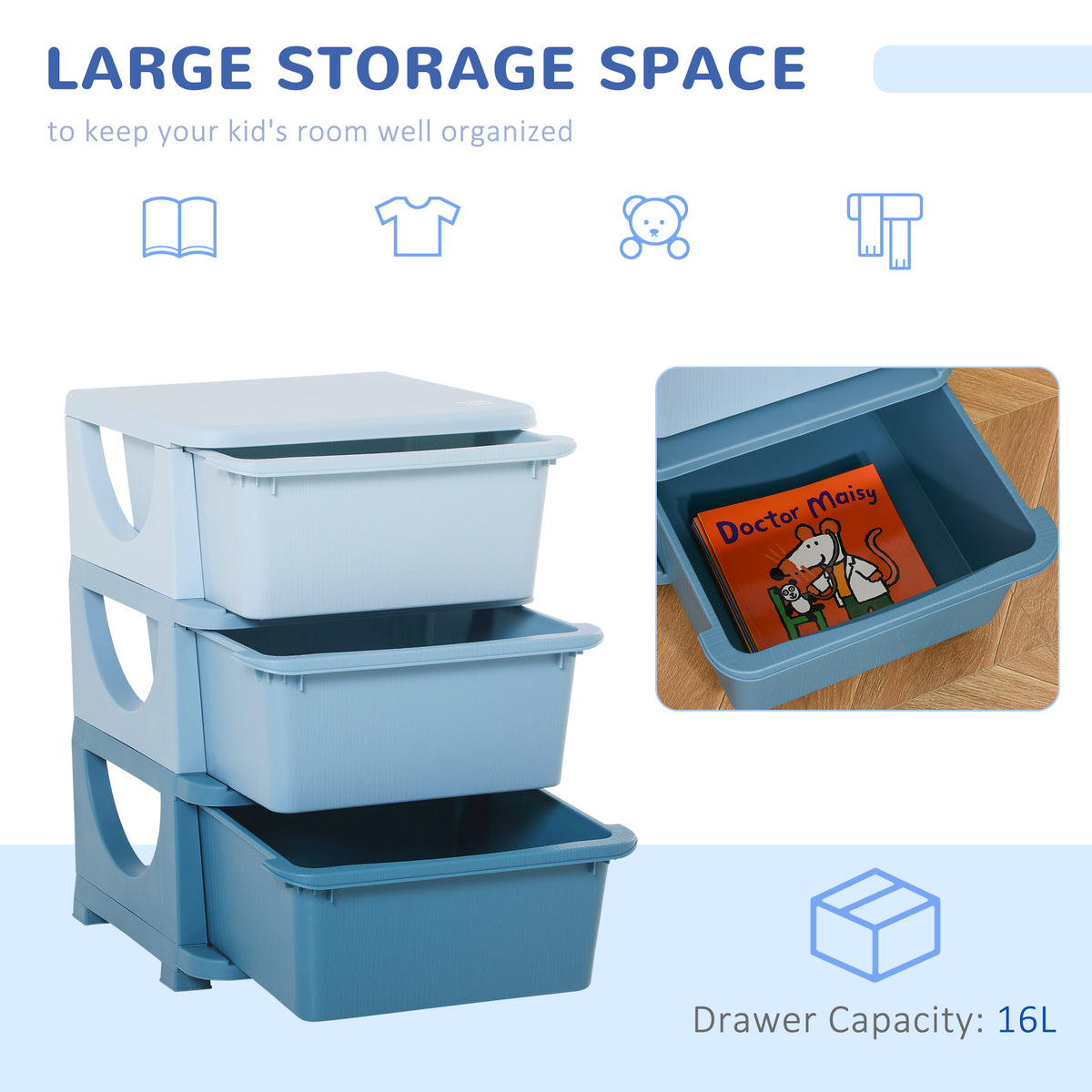 3 Tier Kids Toy Storage Organizer With Drawers, Blue, Chest For Bedroom