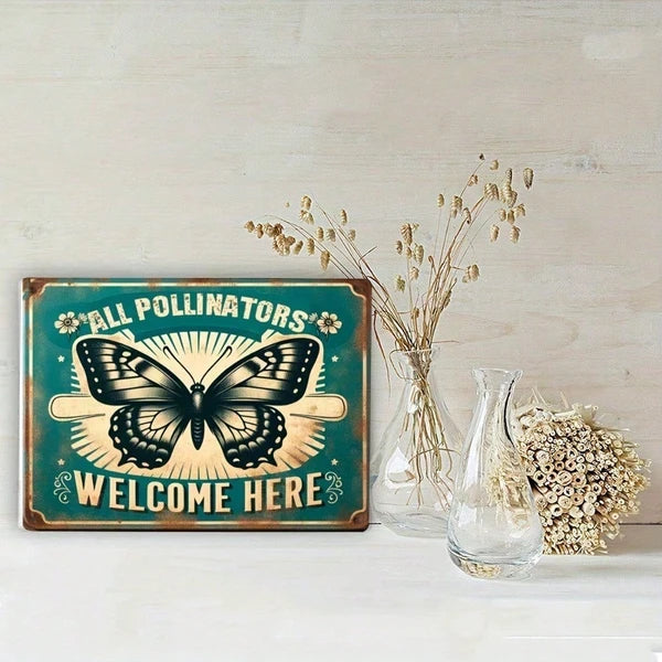 1pc Vintage Garden Sign "all Pollinators Are Welcome Here", Retro Iron