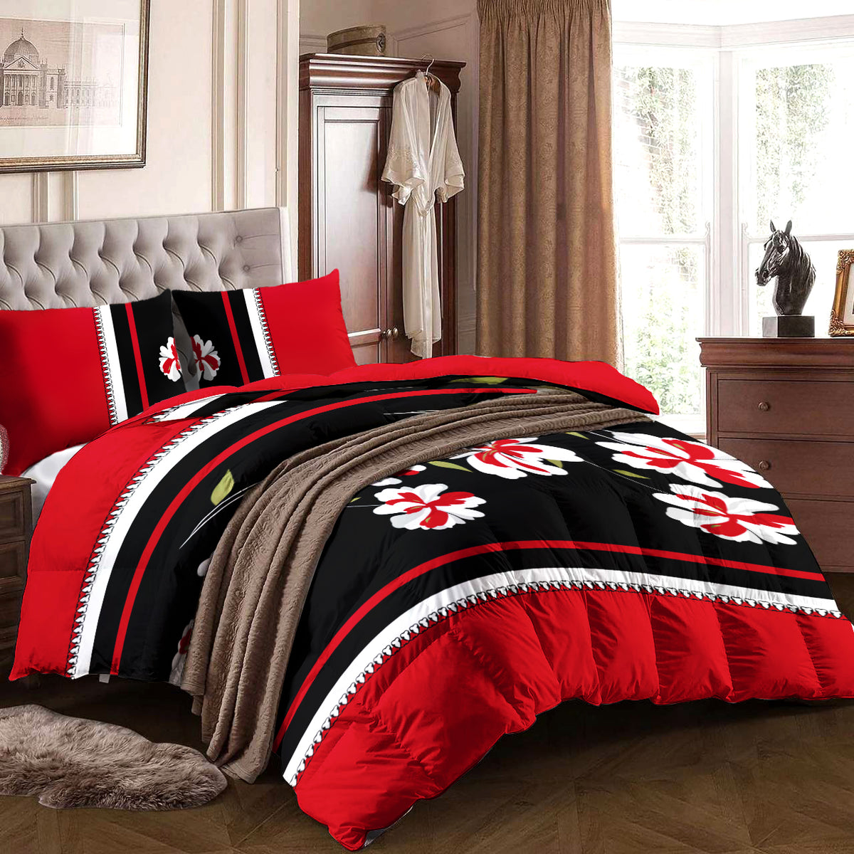 9-Piece Black And Red Floral Bedspread And Curtain Set, Reversible