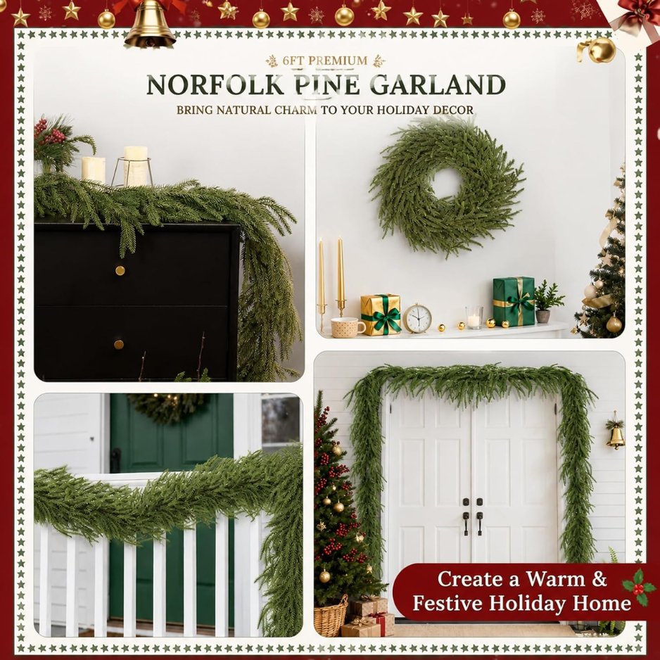 6FT Real Touch Norfolk Pine Christmas Garland, Flexible Mantel Decor