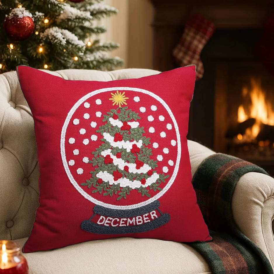 Christmas Embroidered Pillow Cover 18x18 Inch, Red Globe