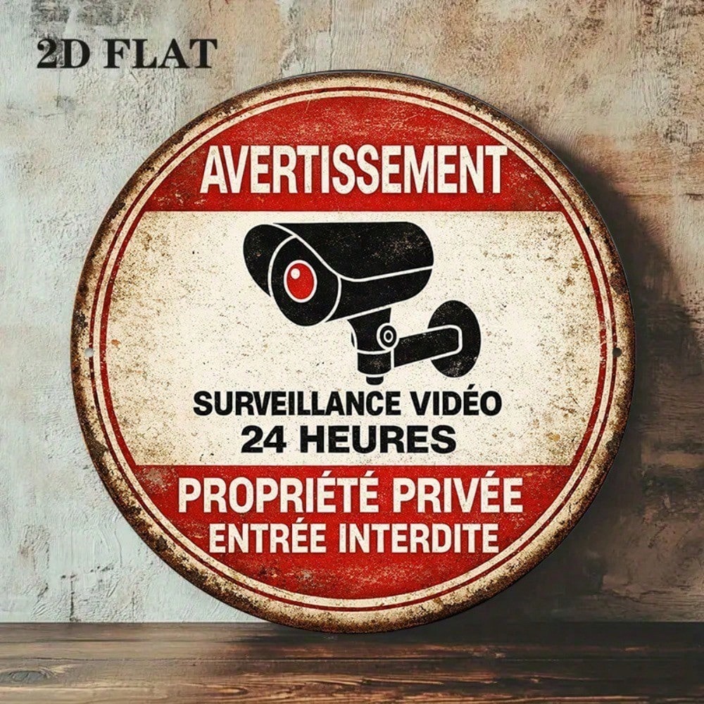 Vintage 24 Hour Video Surveillance Round No Trespassing Sign
