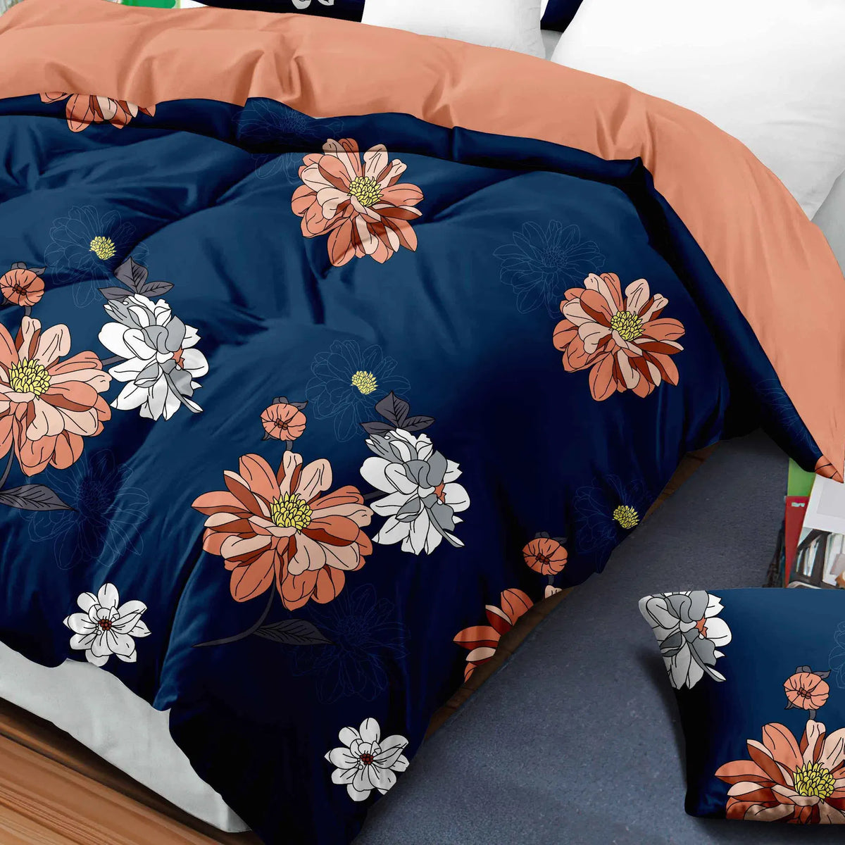 9-Piece Navy & Coral Floral Bedding & Curtain Set - Quilted Microfiber