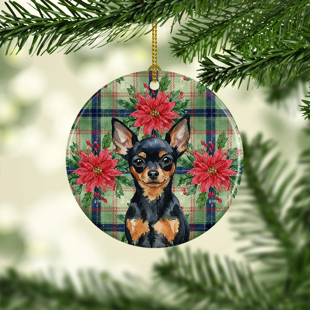 Black And Tan Russian Toy Christmas Poinsettias Ceramic Ornament