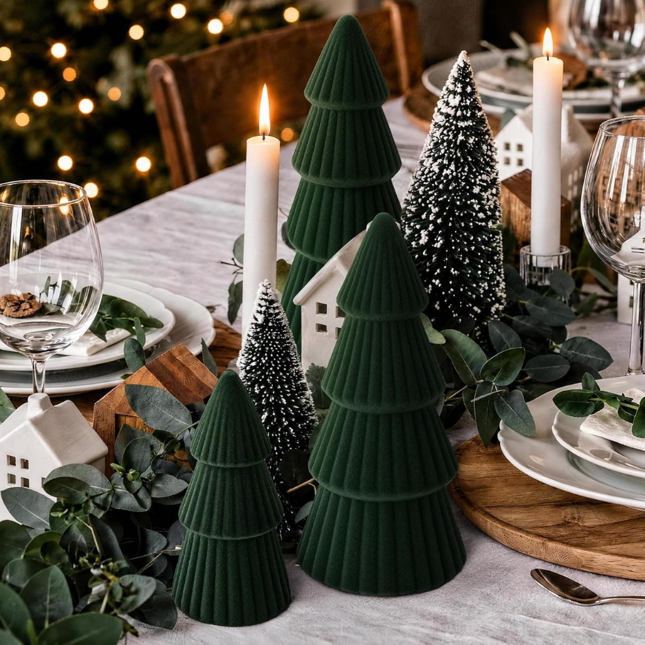 Christmas Decorations Set Of 3 Velvet Ceramic Christmas Trees Green