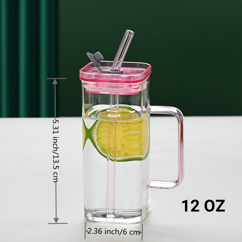 1 Pcs Blue Glass Straw Cup, 6 Colors Square Glass Cup With Straw