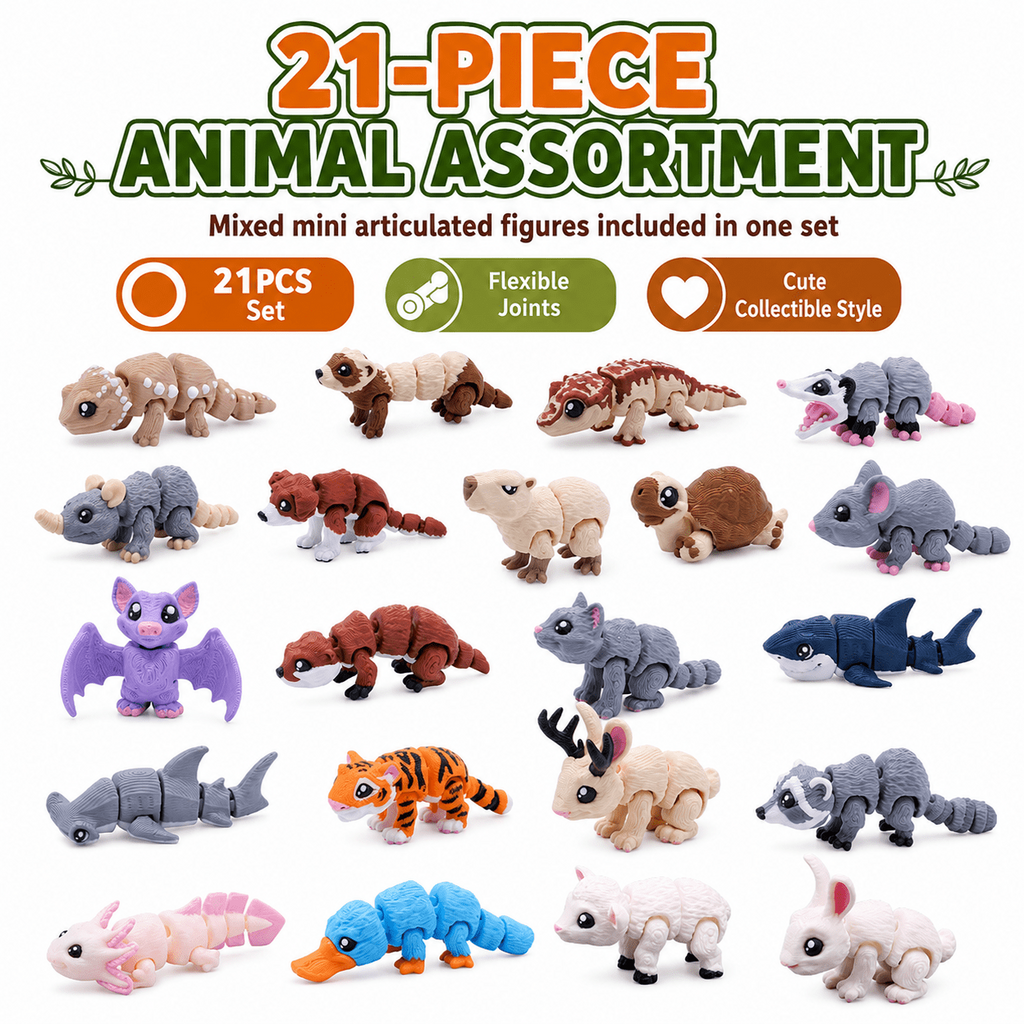 21PCS 3D Printed Mini Animal Figurine Set, Articulated Mixed Animal