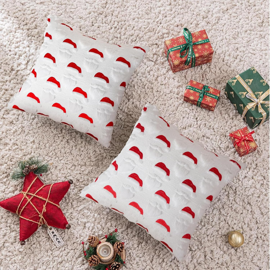 2Pcs Santa Christmas Pillow Covers 18x18, 3D Jacquard Faux Fur Decor