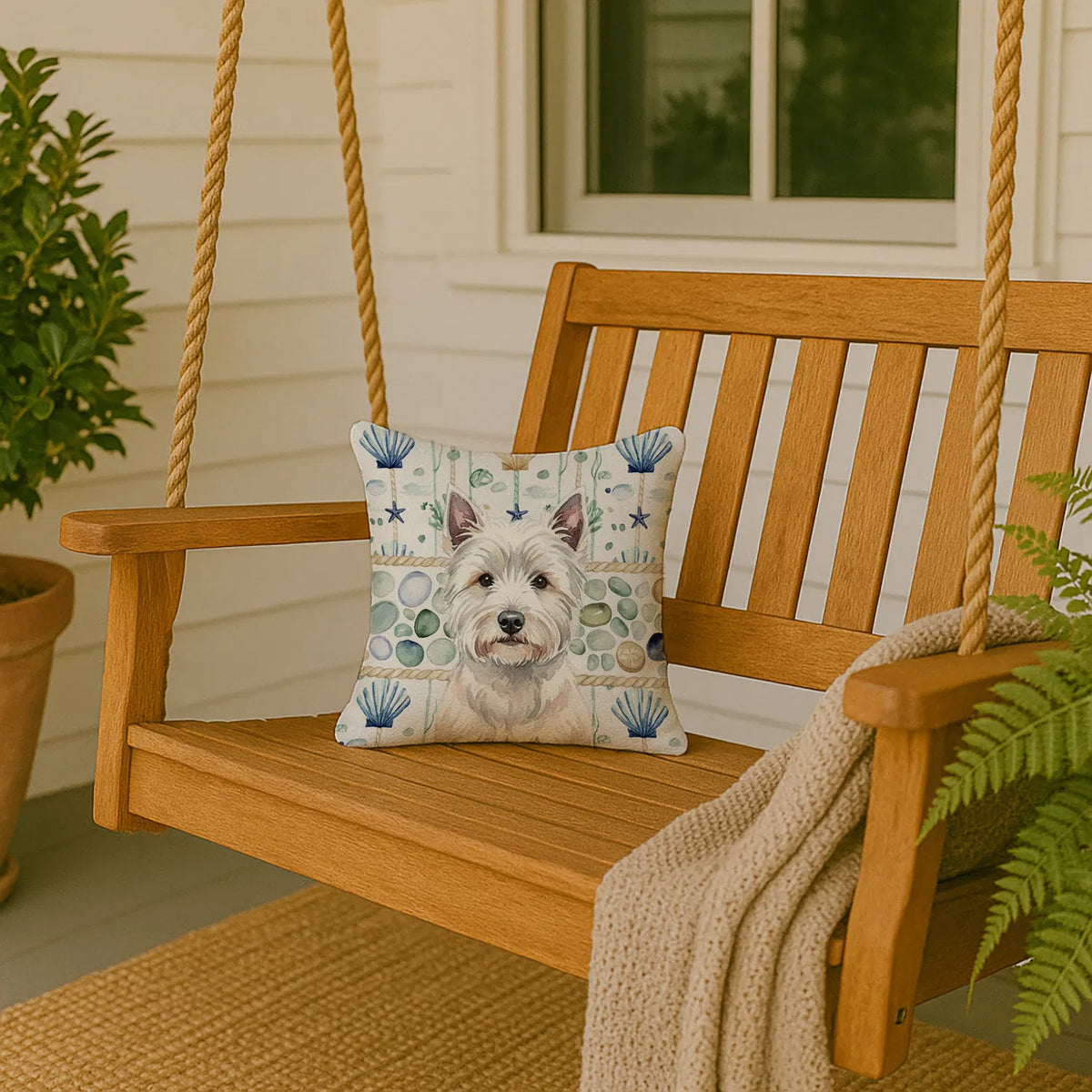 Westie Coastal Sea Glass Throw Pillow Decorative Indoor Outdoor Accent