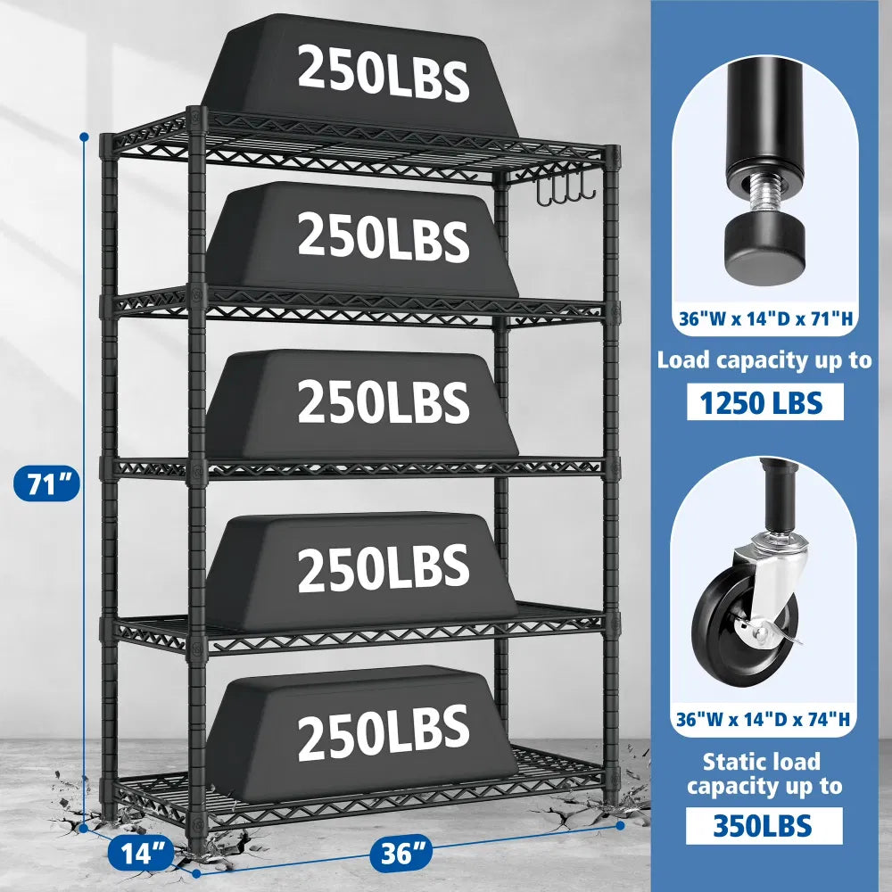 36"W X 14"D X 71"H Storage Shelves, 5-Tier Wire Shelf, Heavy Duty