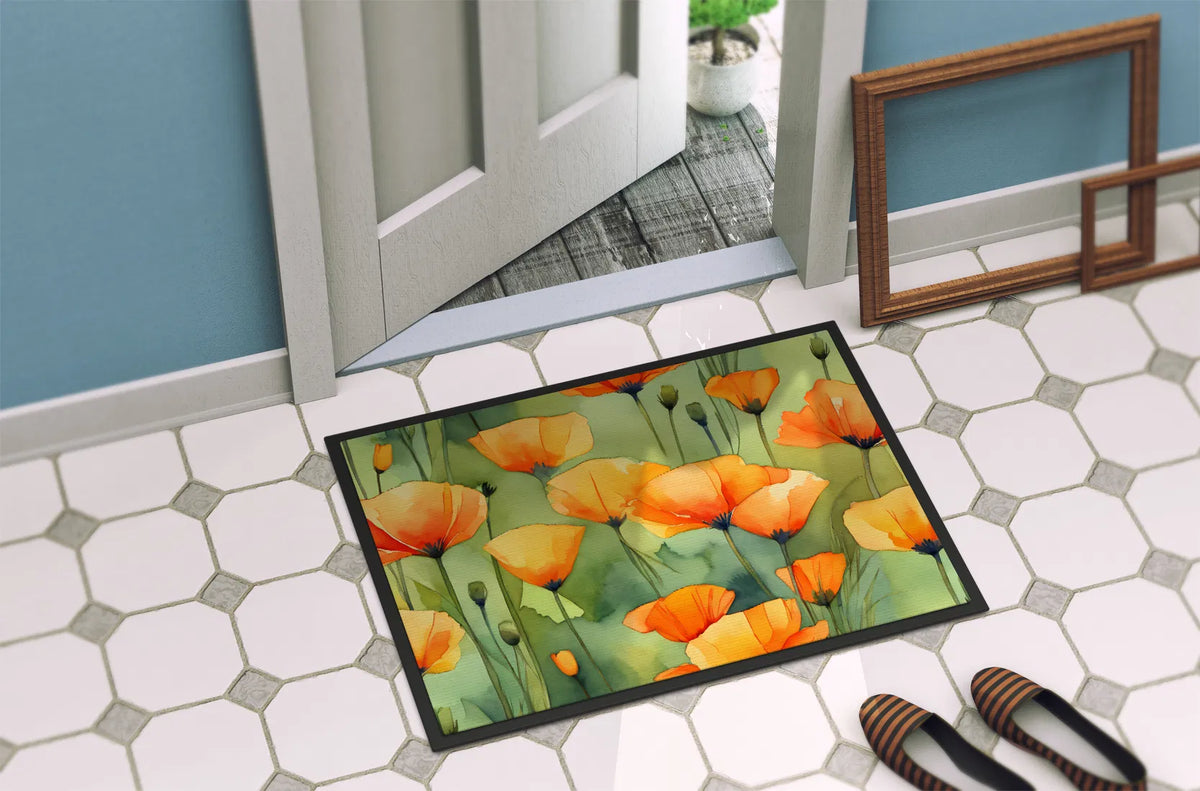 California Poppies In Watercolor Doormat Front Door Mat Indoor Outdoor