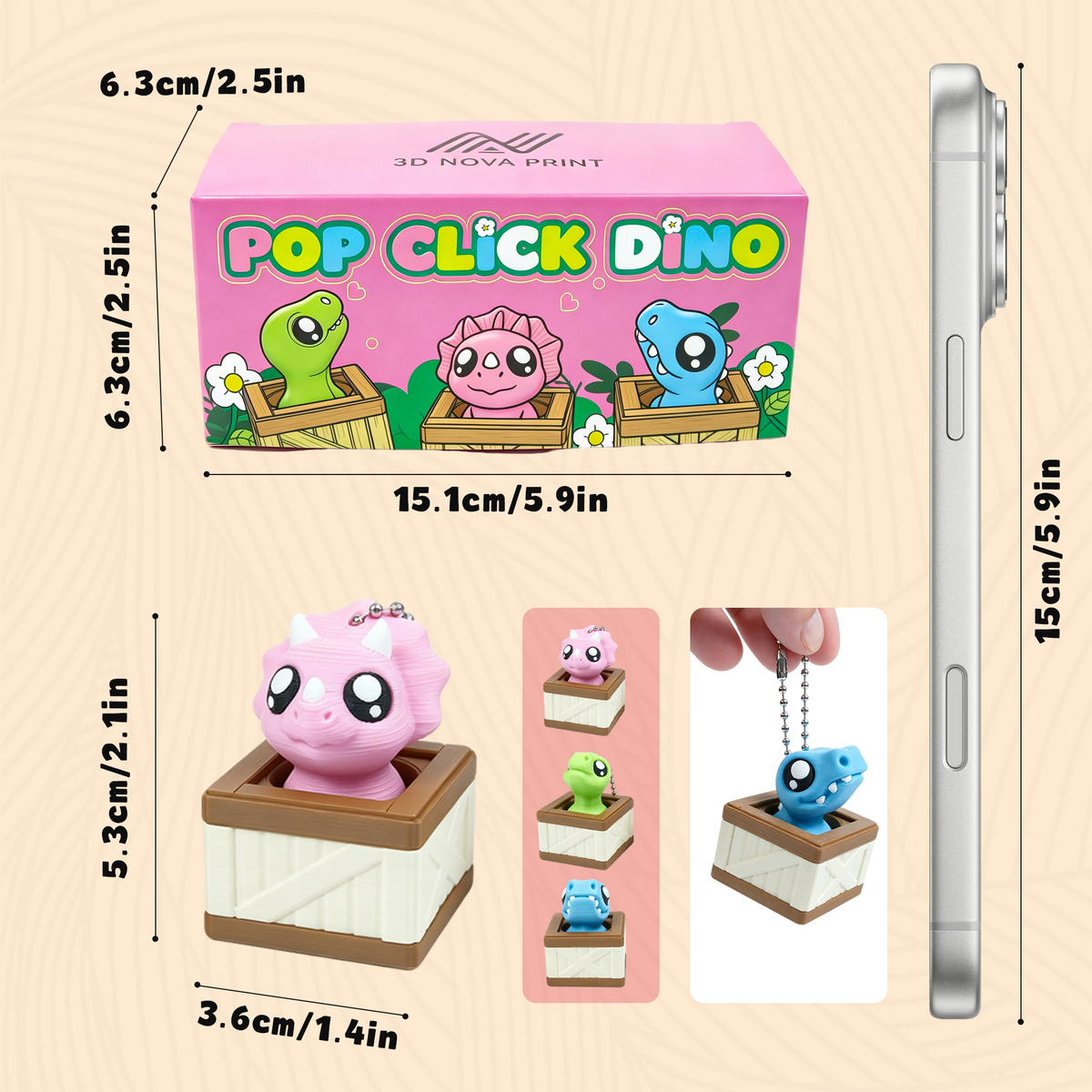 3PCS Dinosaur Clicker Set, 3D Printed Mini Dino Fidget Clickers