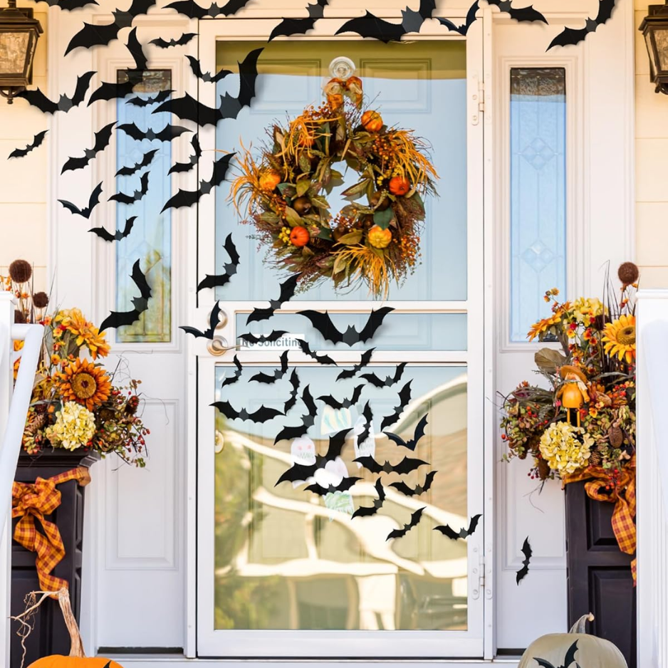120 Pcs 3D Halloween Bat Decorations, 5 Sizes, Removable Wall Decor