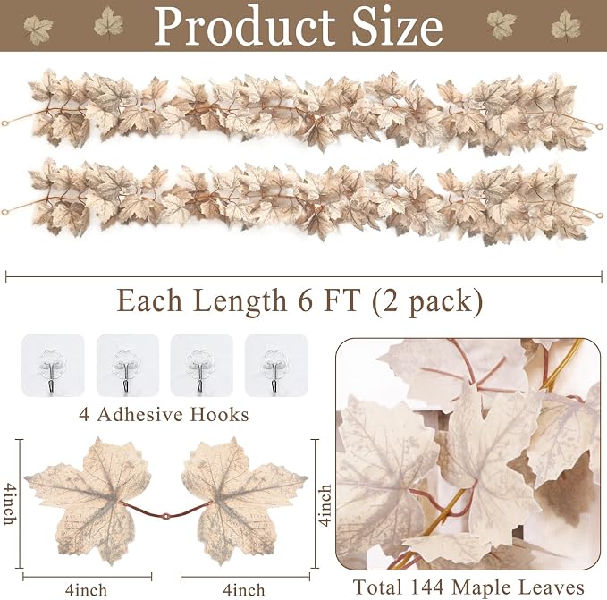 2 Pack 6 Ft Artificial Fall Maple Leaves Garland Autumn Decorations