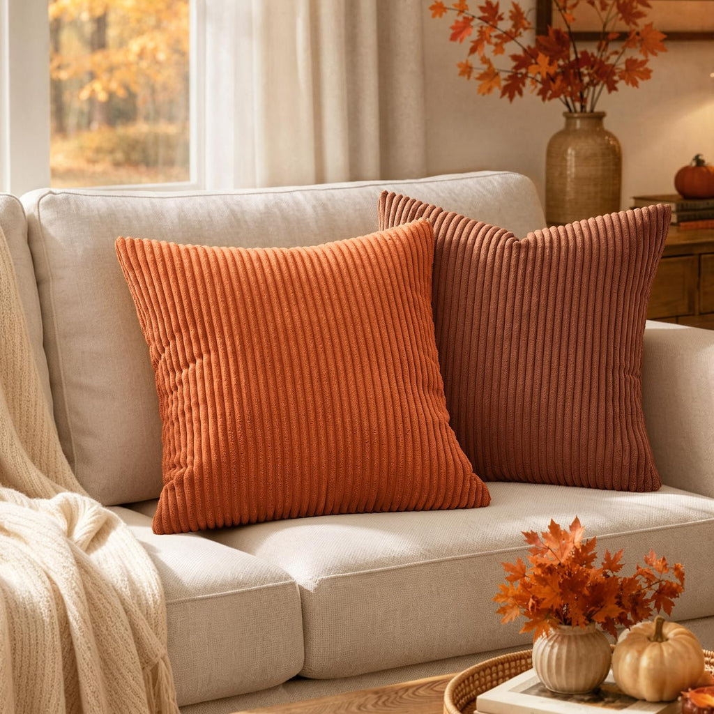 Fall Corduroy Throw Pillow Covers 2 Pack, 14x14 Inch Decorative Cushion