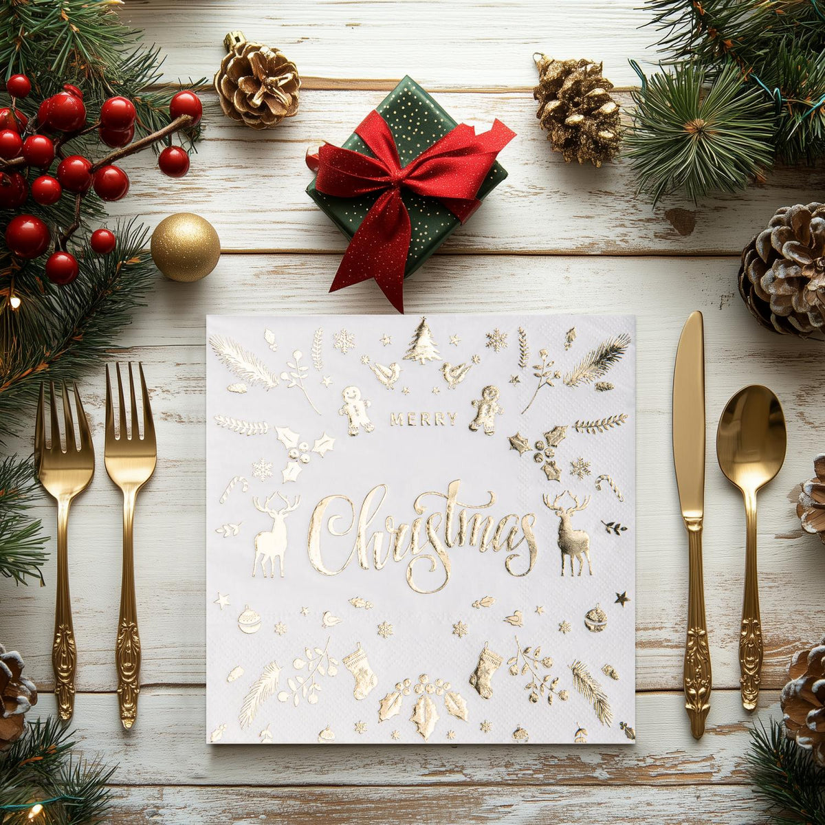 80Pcs Christmas Napkins, Disposable Gold Foil Xmas Embossed Cocktail