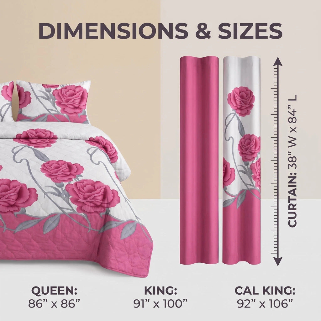 9-Piece Pink And White Rose Bedspread And Curtain Set For Queen And King