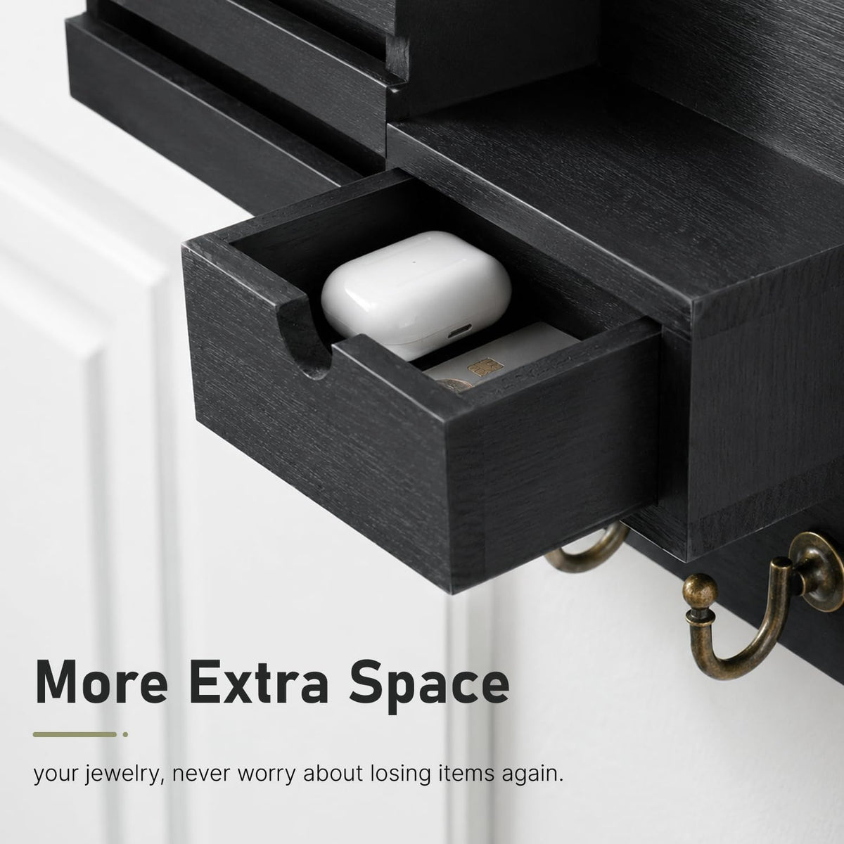 Wall Mount Key Holder With Drawer And 6 Sturdy Hooks, Black Key Rack