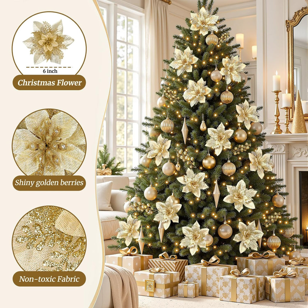 Artificial Christmas Poinsettia Flowers And Berries 24 Units, Faux