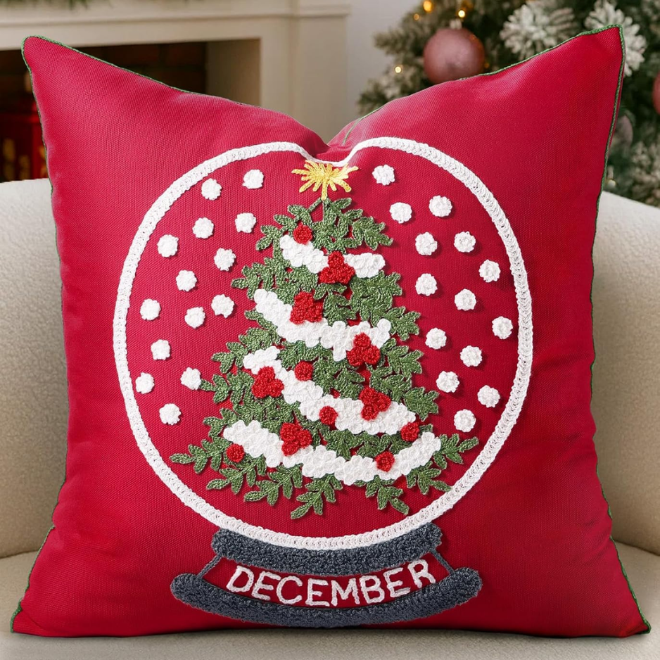 Christmas Embroidered Pillow Cover 18x18 Inch, Red Globe