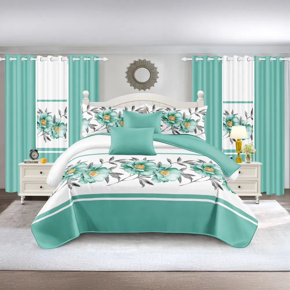 Quilted Bedspread & Curtain Set 9 Piece, Queen Size - Bedding Ensemble