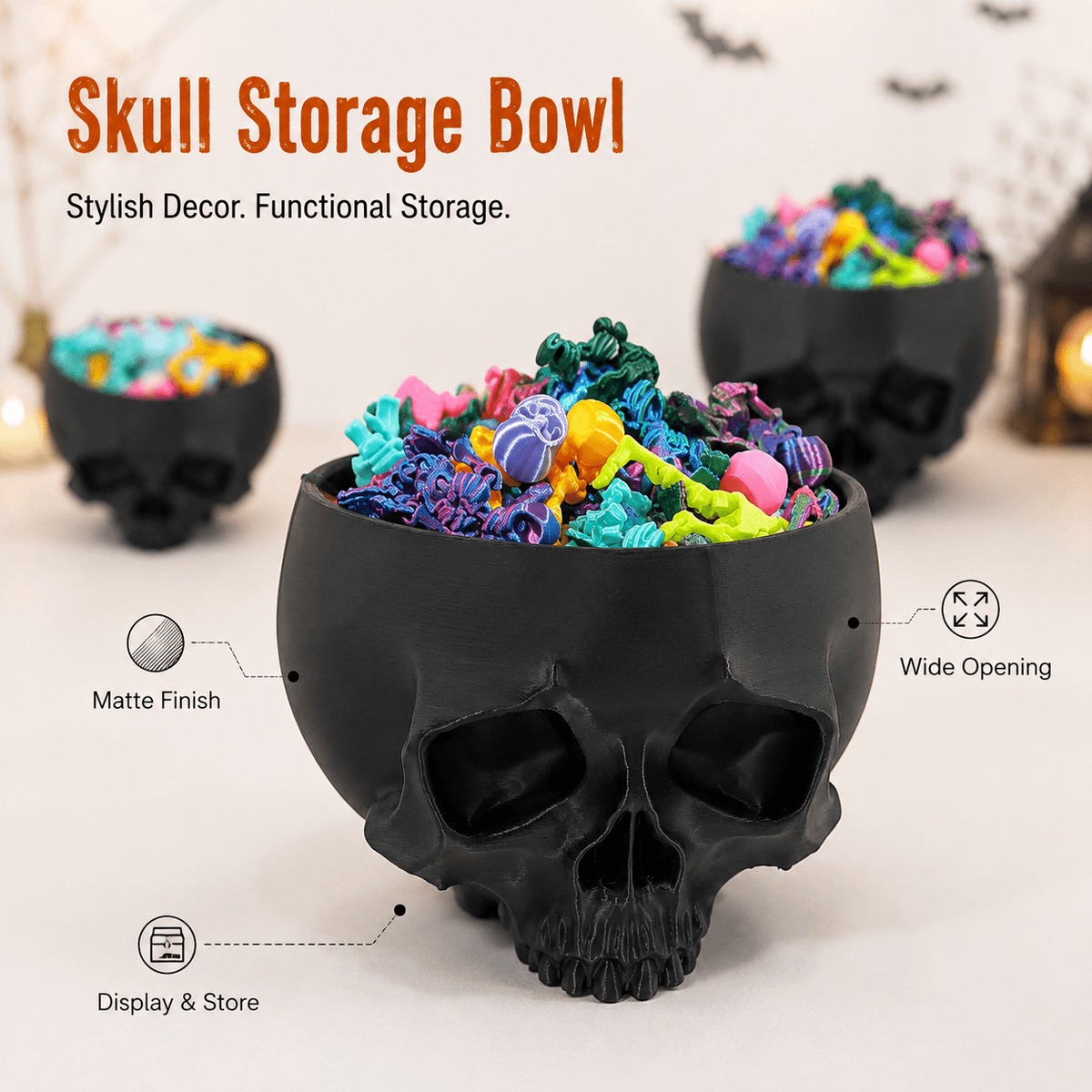 3D Printed Halloween Skull Storage Bowl, Black Gothic Desktop Organizer