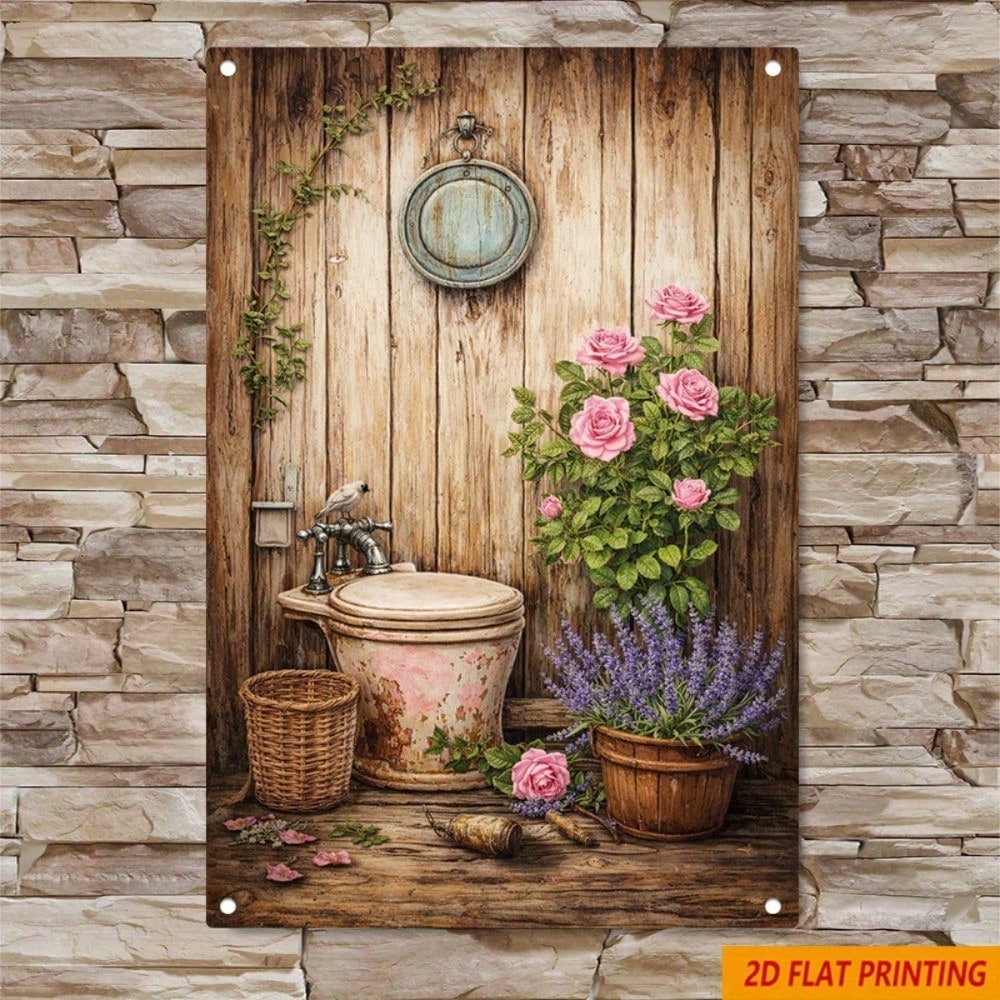 1pc Vintage Roses Wall Art, Farmhouse Minimalist Toilet Sign Bathroom