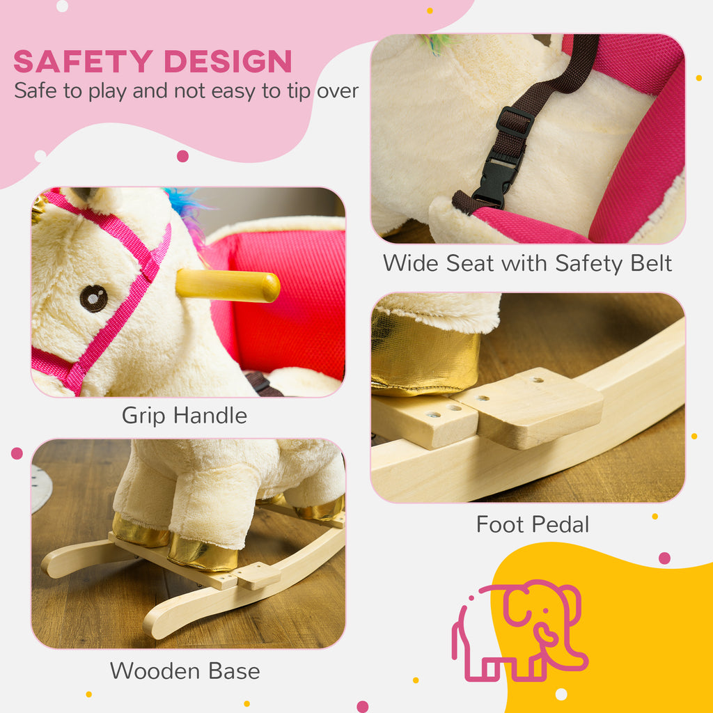 Kids Rocking Horse, Unicorn With Realistic Sound, Safety Belt & Wooden