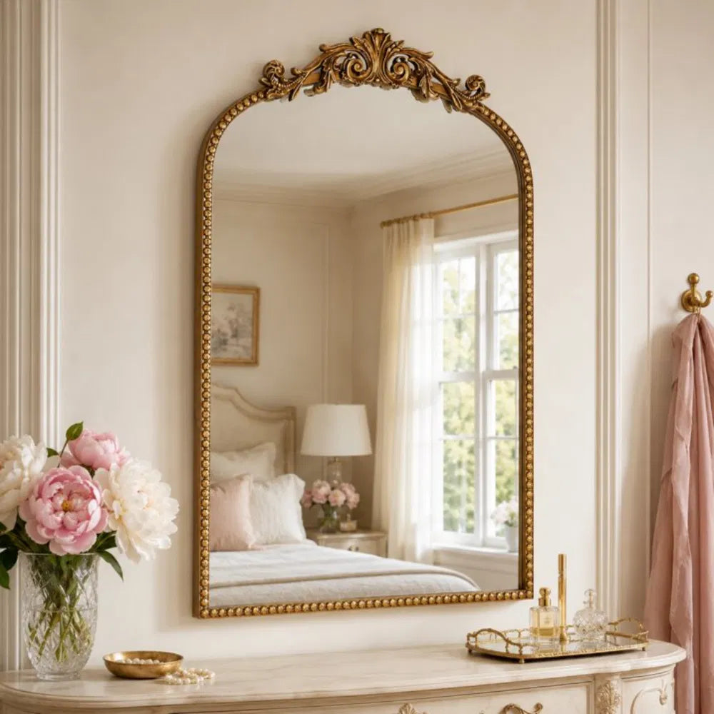 30 X 20 Antique Gold Arch Wall Vanity Mirror, Ornate Vintage Baroque