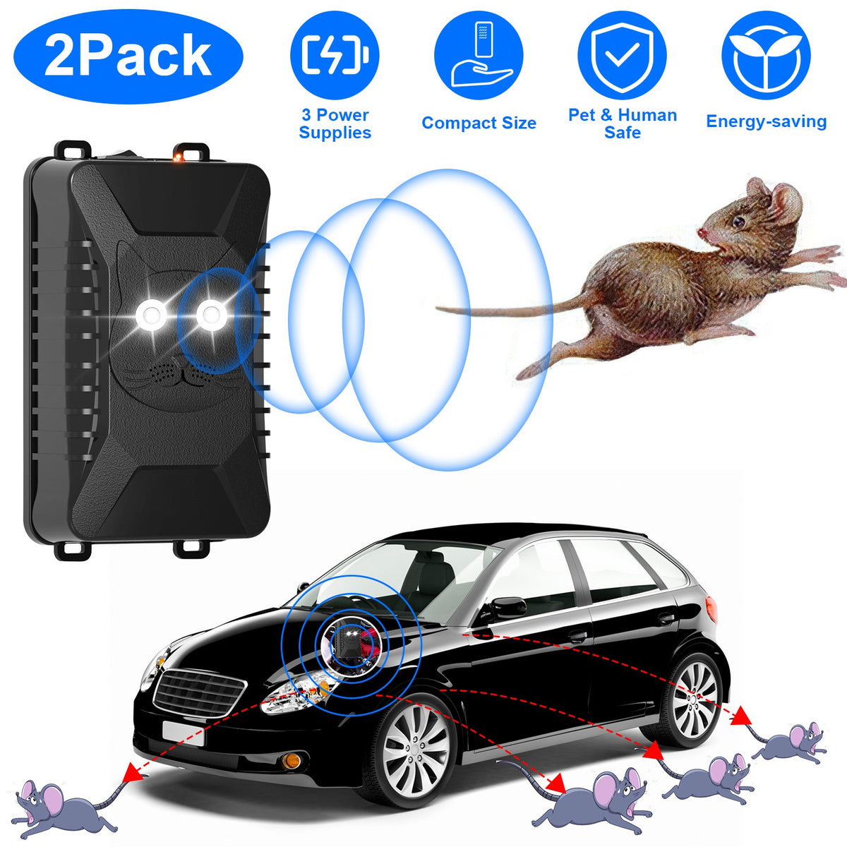 2 Packs Under Hood Ultrasonic Rodent For Spring Repellent Mouse Wildcat