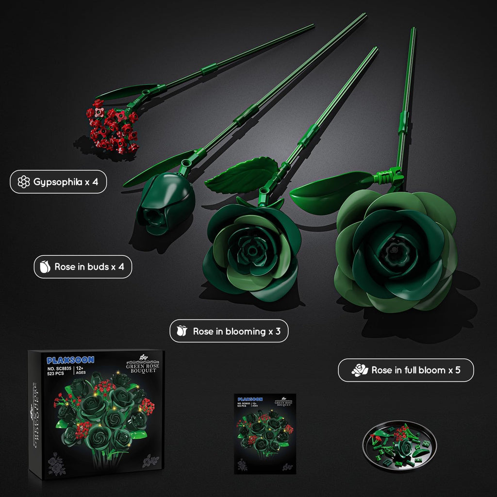16 Green Roses Botanical Building Blocks, Artificial Flower Birthday