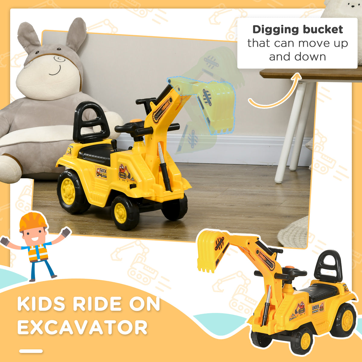 2 In 1 Ride On Toy Digger Tractor Pulling Cart Pretend Play