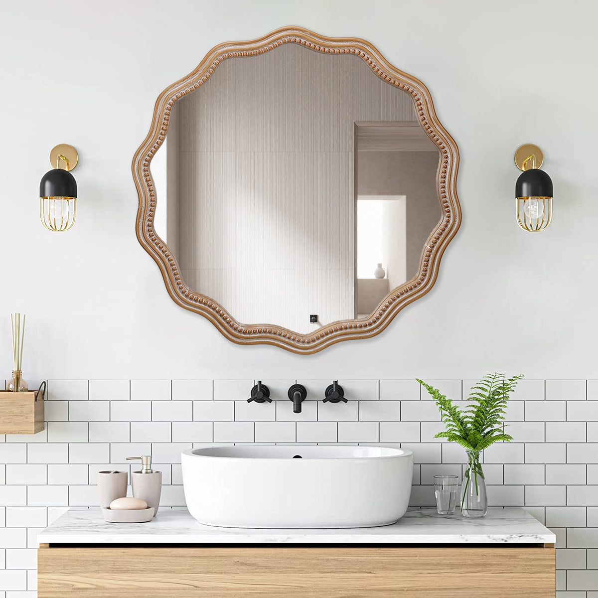 23.62 Inches Wood Round Wavy Wall Mirror Round Wall Mirror Scalloped