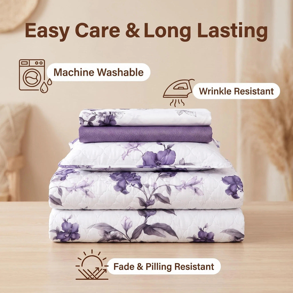 9-Piece Purple Floral Bedspread And Curtain Set For California King