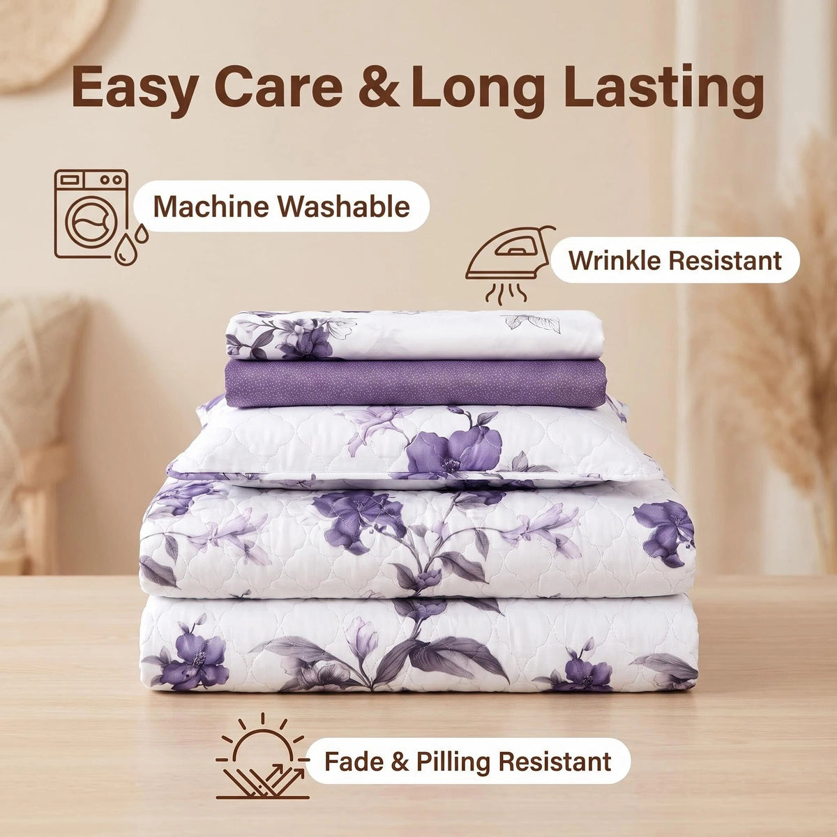 9-Piece Purple Floral Bedspread And Curtain Set For California King