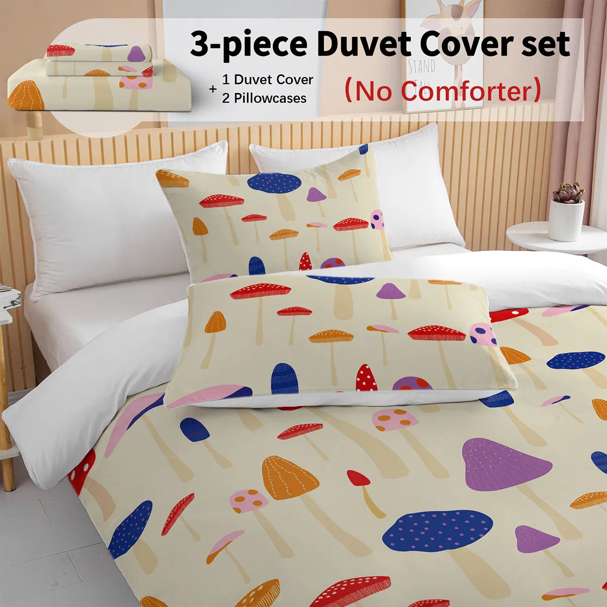 Mushroom Duvet Cover Set Full Size, 3 Pieces Colorful Cartoon Mushroom