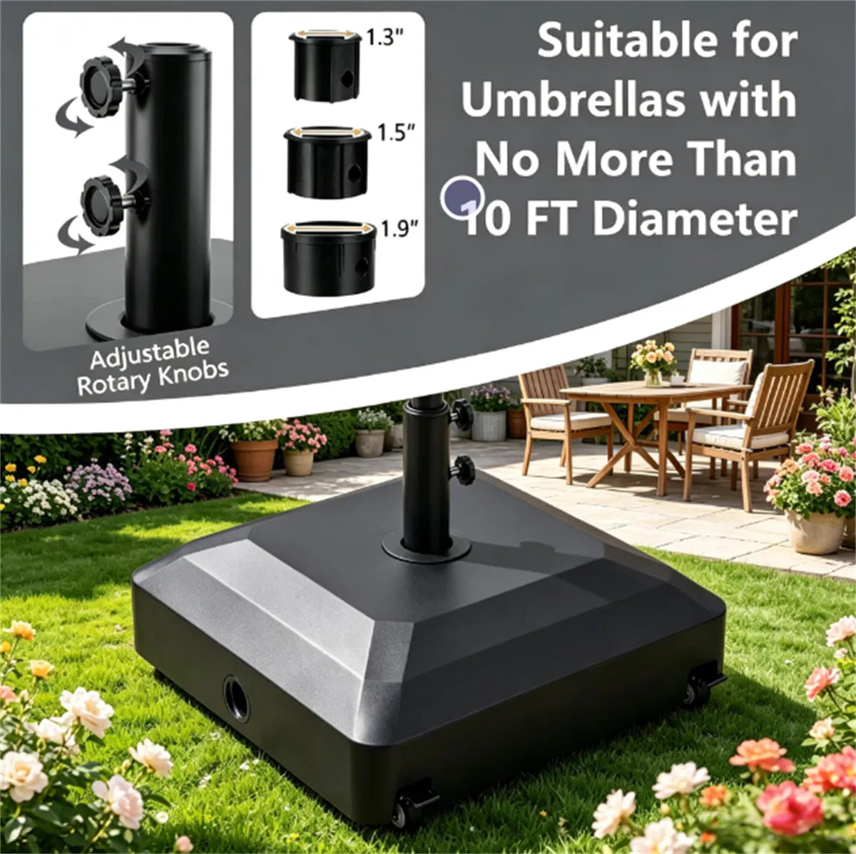 Black Fillable Umbrella Base With Wheels & Brakes, Heavyduty Water/sand