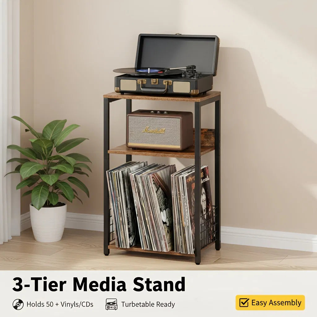 3-Tier Turntable Stand With Vinyl Storage For 100 Albums, Combined CD