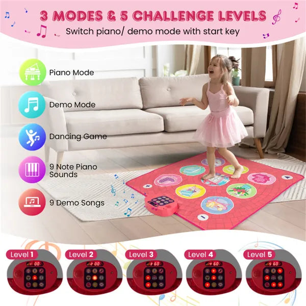 Pink Kids Dance Mat , 5 Difficulty Levels & 9 Demo Songs, Non-slip Safe