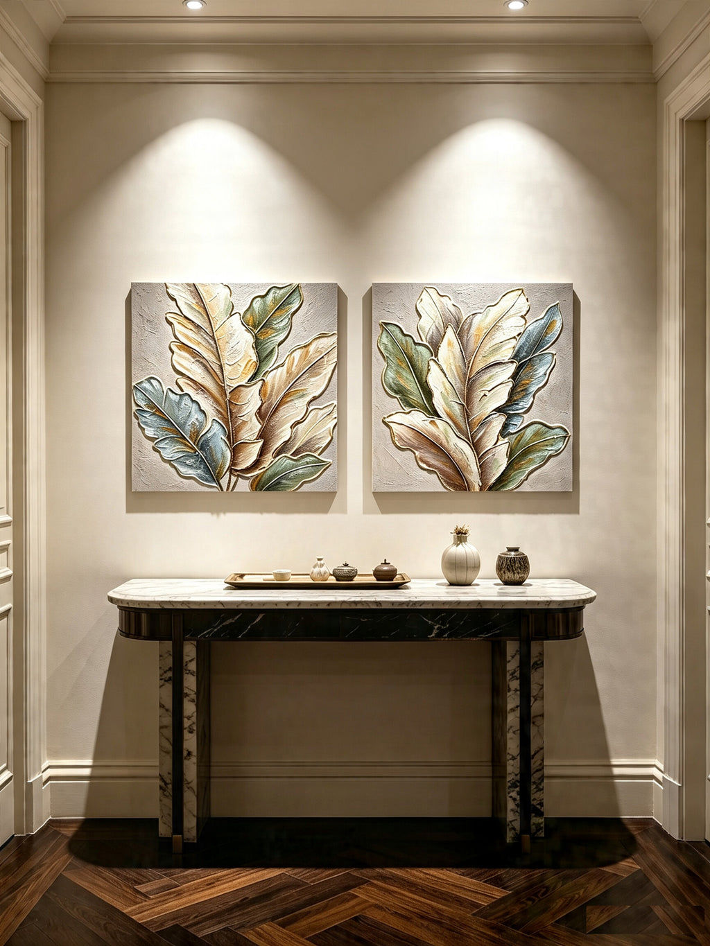 24x24 Set Of 2 Botanical Leaf Wall Art, Neutral Antique White & Green