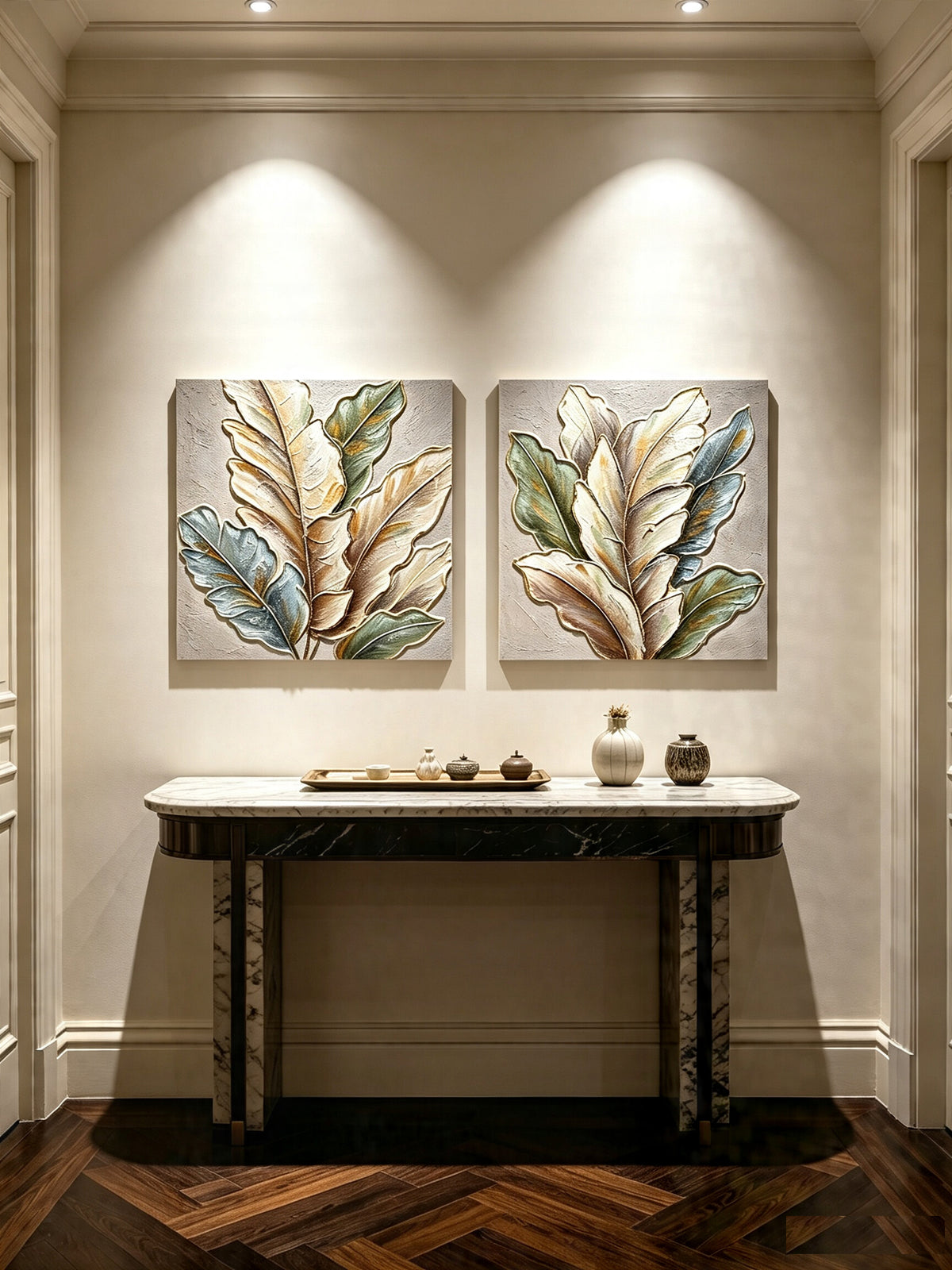 24x24 Set Of 2 Botanical Leaf Wall Art, Neutral Antique White & Green