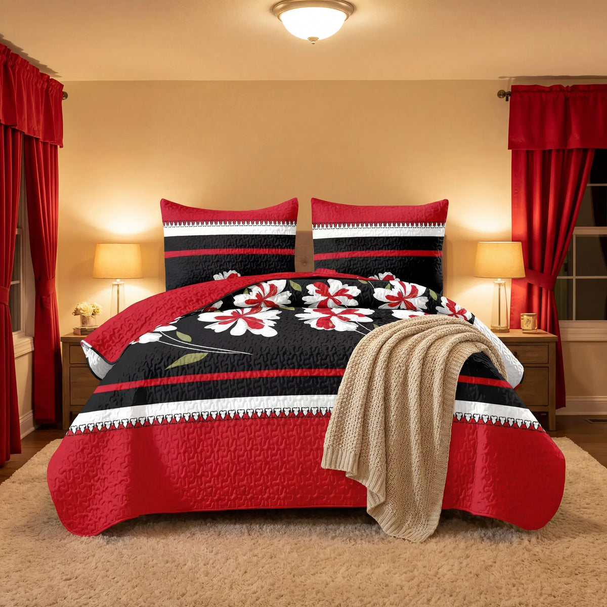 9-Piece Red & Black Floral Bedding & Curtain Set - Quilted Microfiber