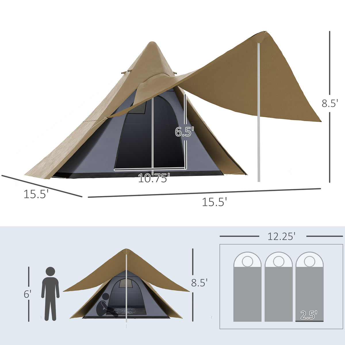 15.4'x15.4'x8.5' Teepee Tent, Waterproof Camping Tent With Porch Area