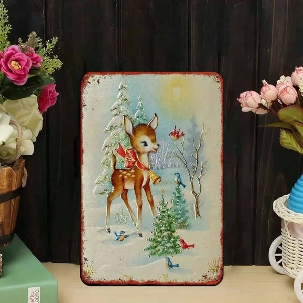 1PC Rustic Iron Metal Wall Sign Winter Reindeer Snowy Woods Pattern No