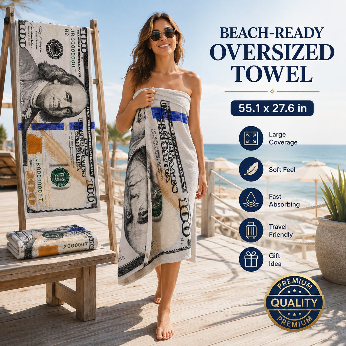 55x28in Cash Print Beach Towel Soft Velour Absorbent US Dollar Seaside