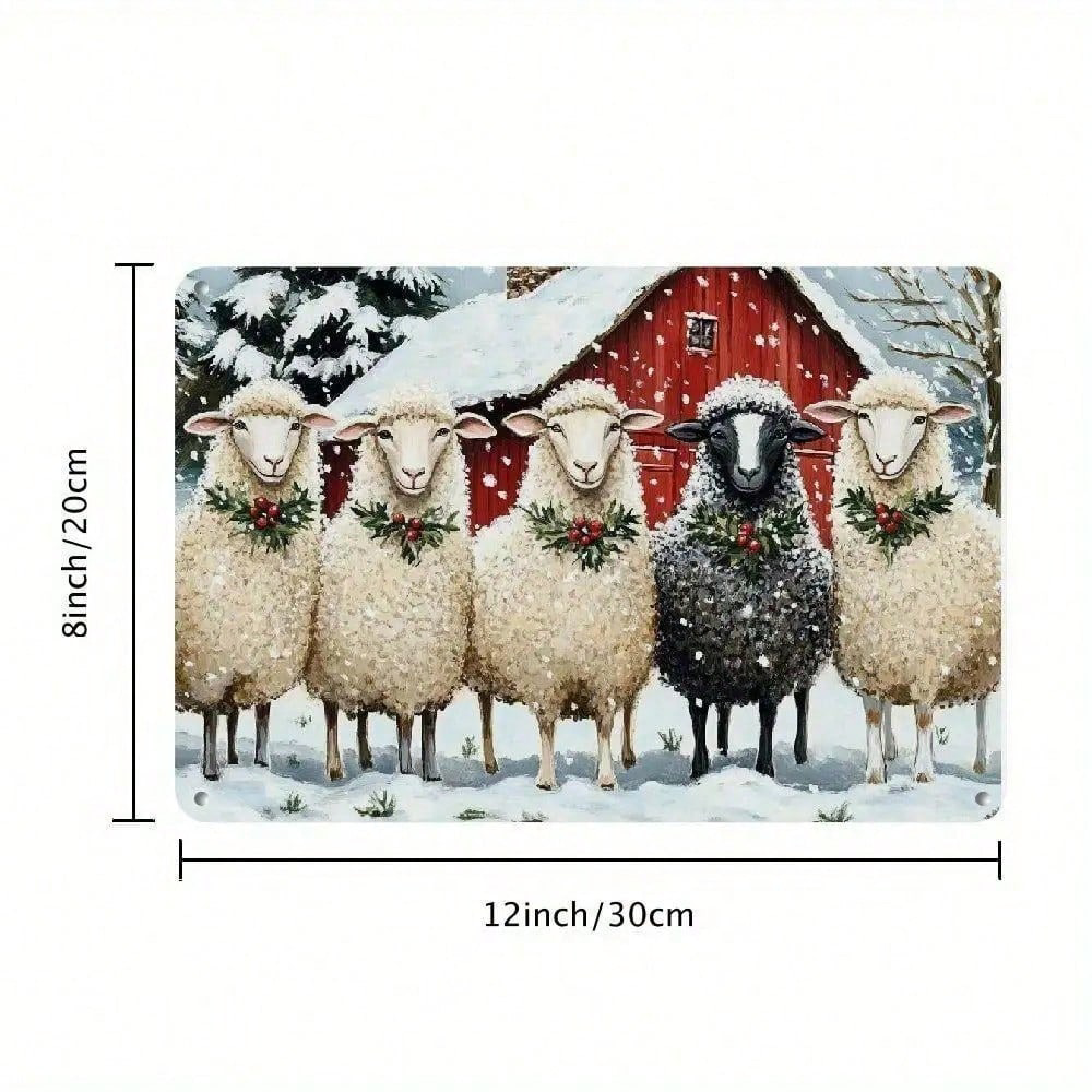 Christmas Red House Sheep Metal Iron Sign, Rustic Winter Snow Wall
