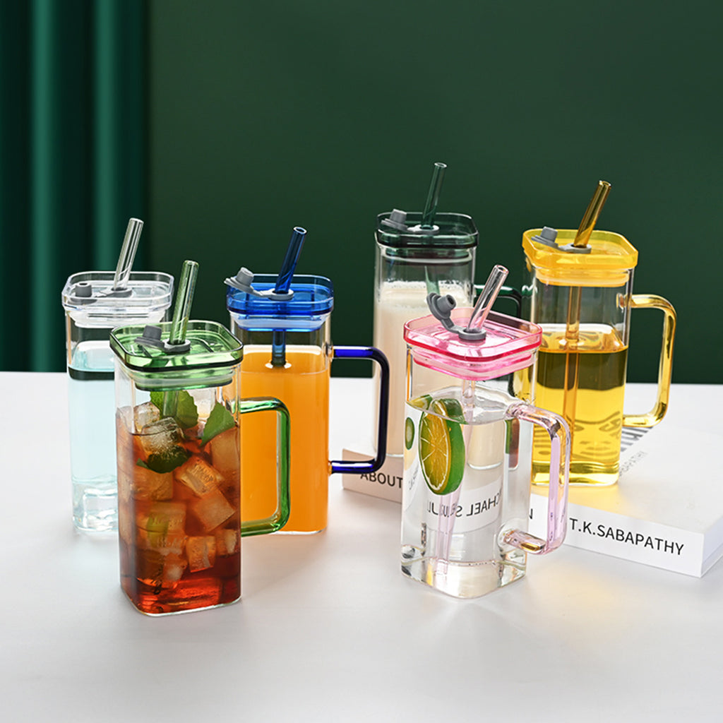 1 Pcs Transparent Glass Straw Cup, 6 Colors Square Glass Cup With Straw