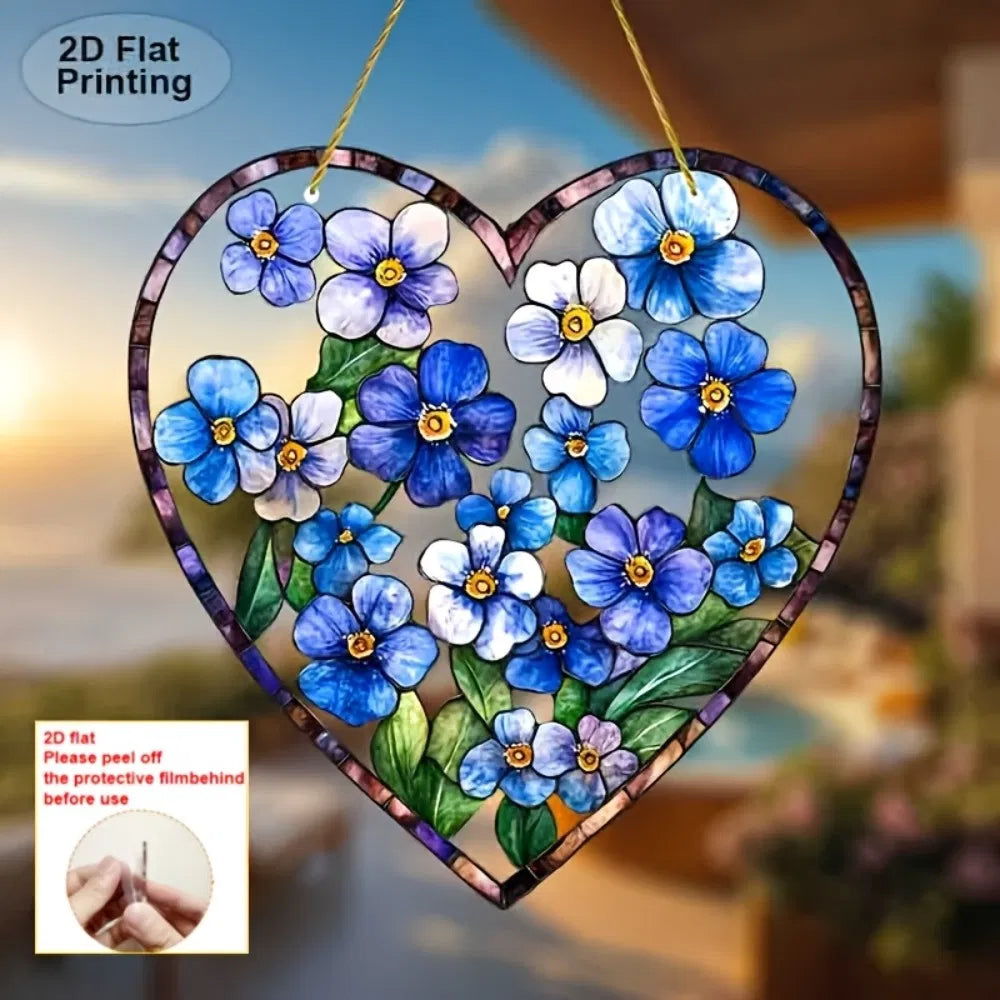 Acrylic Blue Floral Heart Stained Glass Style Sun Catcher Window Wall